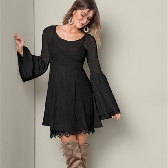 VENUS black boho mini sweater dress small - Picture 1 of 9
